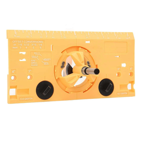 35mm hinge boring jig kit for woodworking, yellow ABS panel with ruler scales and drill guide, includes 1/16in bit.