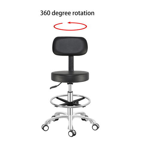 Rolling Stool With Back Support, Hydraulic Height Adjustable Swivel Chair For Office, Medical, Salon, Tattoo, Kitchen And Massage, Four Inch Thick Cushion, Mobile With Wheels, Grey, Without Foot Ring showing 360 degree rotation capability.