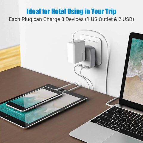 Europe Travel Plug Adapter With USB C Port Not For UK Wall Charger, charging phone and laptop on a desk