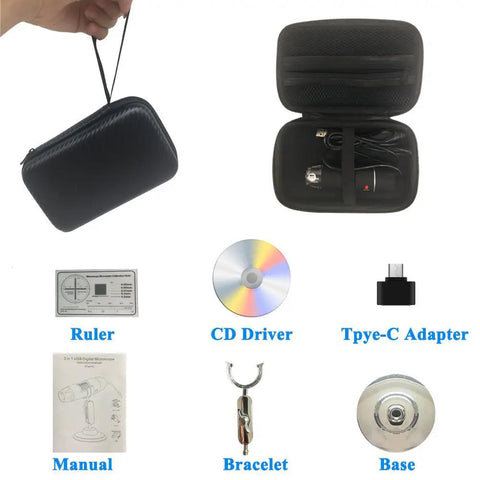 40-1000X USB Microscope With Portable Carrying Case For Kids And Adults, Perfect For Coins, Circuit Boards, Stamps, Skin, Hair, Jewelry And Insects, Type C And Micro USB OTG Compatible, Great For DIY Projects And Education, An Awesome Learning Tool. Carrying case with USB microscope, Type-C adapter, CD driver, manual, base, ruler and bracelet
