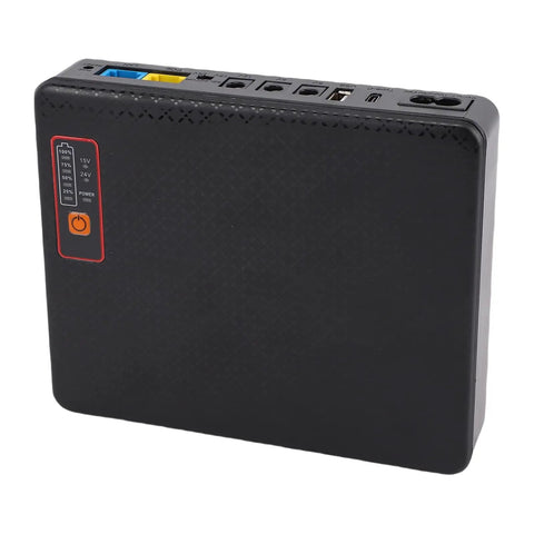 Mini Ups Battery Backup 16000Mah Power Supply For Routers And Modems Us Plug, compact black power supply with multiple ports.