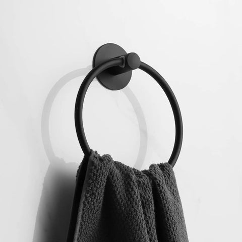 Adhesive Towel Ring Self Adhesive Stainless Steel Matte Black Rustproof Bathroom Towel Holder Wall Mount SUS 304 Durable Easy Install No Drill Hand Towel Ring for Modern Bathrooms mounted on wall with towel
