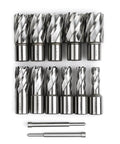 Front view: Oscarbide 13pc annular cutter set with Weldon shanks and 2 pilot pins, diameters 7/16 to 1-1/16 in, 1 in depth