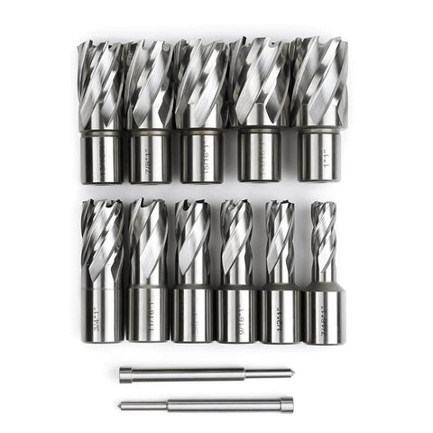 Front view: Oscarbide 13pc annular cutter set with Weldon shanks and 2 pilot pins, diameters 7/16 to 1-1/16 in, 1 in depth