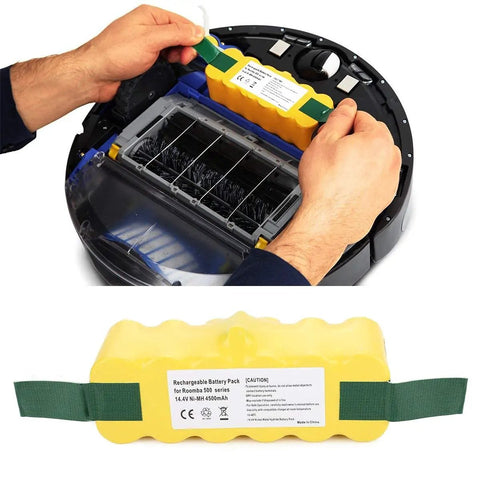 Hands installing Replacement Ni-MH Battery 14.4V 4500mAh For Roomba 500-900 Series with included brushes