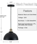 Mini Black Pendant Light With Gold Interior Finish 3 Pack 9.84 Inch Dome Farmhouse Style Retro Industrial Pendant Lamps with specs