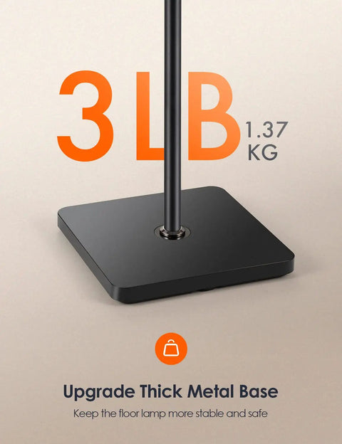 Dimmable LED Floor Lamp With Remote Control base showing thick metal design for stability, 3 lb weight in black