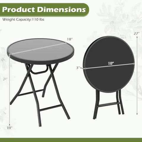 Product dimensions of Compact Outdoor Folding Side Table With Tempered Glass Top And Heavy Duty Steel Frame for usable space.