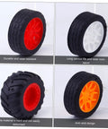 8 Pack Toy Car Wheels Set With Anti Skid Plastic Tires For RC Cars And Model Toys, shown in red, white, and orange rims