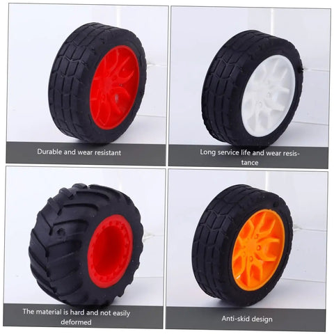 8 Pack Toy Car Wheels Set With Anti Skid Plastic Tires For RC Cars And Model Toys, shown in red, white, and orange rims