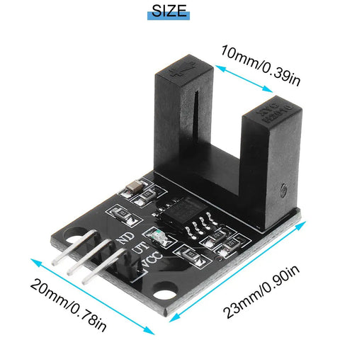 LM393 H2010 Infrared Photoelectric Sensor Module showing size measurements, including 10mm optical slot, 20x23mm dimensions with Dupont cable.