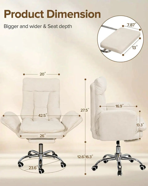 Dimensions of Heavy Duty Office Chair With Footrest And Flip Up Armrests Ergonomic Desk Chair, showing width, depth, and height in white.