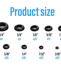Image showing 215 Piece Rubber Grommet Kit With 9 Sizes For Wiring, detailed sizes from 3/16 inch to 3/4 inch, quantity for each.