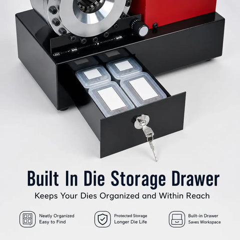 Heavy Duty Hydraulic Hose Crimper 110V Machine With Eight Interchangeable Dies showing built-in die storage drawer with clear containers.