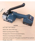 Portable Electric Strapping Machine With Two Batteries For PP PET Band Belt Packing Tools Lightweight Device Quick Seal Box Carton Shipping Supplies Effortless Heavy Duty Wrap Solution showing size dimensions and features.