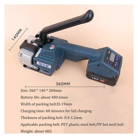 Portable Electric Strapping Machine With Two Batteries For PP PET Band Belt Packing Tools Lightweight Device Quick Seal Box Carton Shipping Supplies Effortless Heavy Duty Wrap Solution showing size dimensions and features.