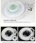 110V 20X Clip-On Magnifier Lamp With LED Light For PCB Inspection, close-up of dual lens and LED comparison, lamp cap details