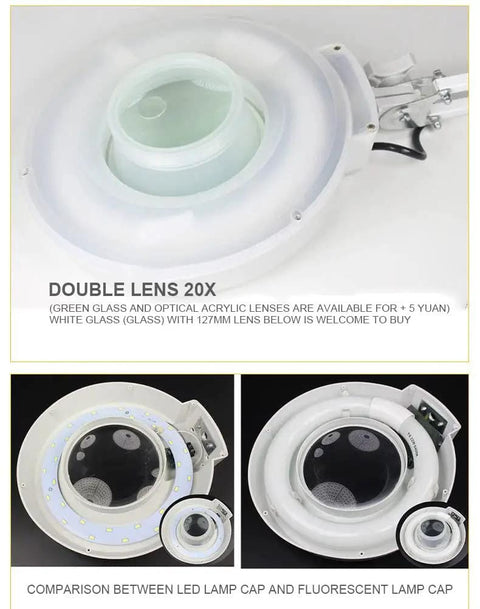 110V 20X Clip-On Magnifier Lamp With LED Light For PCB Inspection, close-up of dual lens and LED comparison, lamp cap details