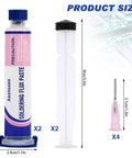 Product size of No Clean Solder Flux Paste For Electronics Soldering With Desoldering Wick, syringe and needle shown
