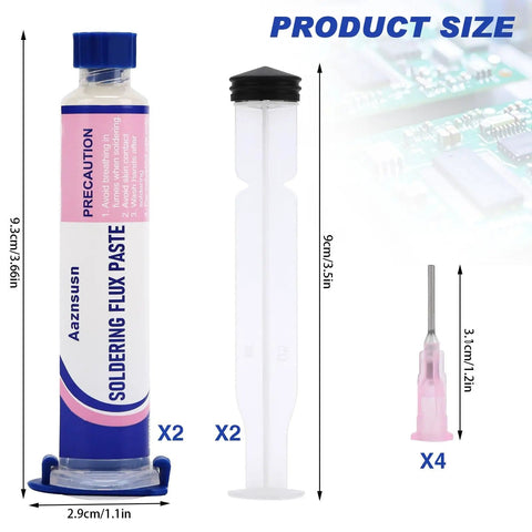 Product size of No Clean Solder Flux Paste For Electronics Soldering With Desoldering Wick, syringe and needle shown