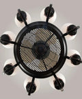 Top view of Retro Ceiling Fan Light With Negative Ion Purification Zero Fuss Remote Control in black, featuring eight bulbs and a metal grille.