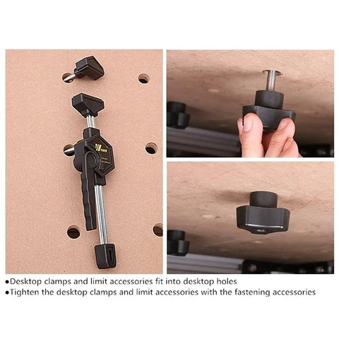 Light Duty Bar Clamp Set For Woodworking shown on perforated table top, featuring adjustable desktop quick clamp fixtures and durable rubber construction.
