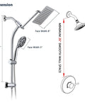 Dimensions diagram of 8 Inch Rainfall Shower Head With High Pressure Handheld Spray, Drill Free Slide Bar And Adjustable Extension Arm.
