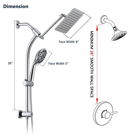 Dimensions diagram of 8 Inch Rainfall Shower Head With High Pressure Handheld Spray, Drill Free Slide Bar And Adjustable Extension Arm.