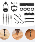 Built Like A Tank Mortising Attachment For Drill Press With Four Piece Chisel Set No Hassle Heavy Duty Woodworking Upgrade; assorted tools and chisels.