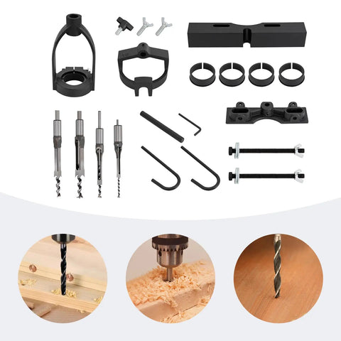 Built Like A Tank Mortising Attachment For Drill Press With Four Piece Chisel Set No Hassle Heavy Duty Woodworking Upgrade; assorted tools and chisels.