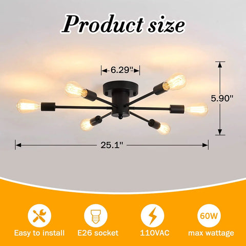 Six Light Sputnik Ceiling Light Dope Matte Black Semi Flush Mount Edison Chandelier with dimensions and specs