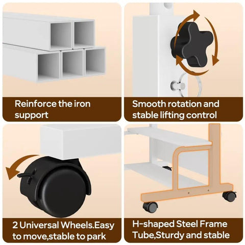 Close-up of Height Adjustable Ergonomic Rolling Computer Desk With Storage Shelves, showcasing iron support and smooth wheel movement.