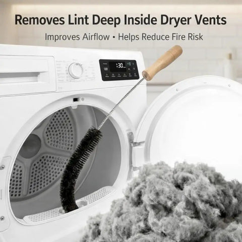 Dryer Vent Cleaning Kit with Flexible Lint Brush in front of dryer showing lint removal for deep home cleaning and pet hair removal