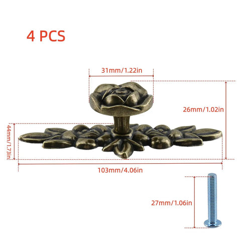 Floral Ivory Decorative Cabinet Knobs Set of 4 With Backplates for Dresser Vanity Nightstand Wardrobe Zinc Alloy Flower Drawer Pulls in Golden Yellow Finish, showing dimensions and screw size.