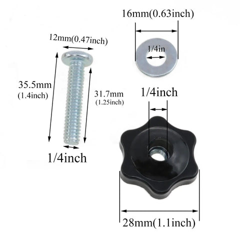 Ergonomic T Track Knob Kit With Galvanized Screws Nuts And Washers Set Of 6 For One Quarter Twenty Thread Bolts dimensions