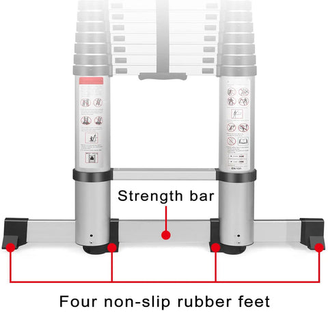 Base of Telescoping Aluminum Ladder 15 Ft For Home DIY And RV Attic Access, featuring anti-slip feet and strength bar for stability.