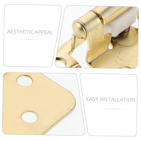 Set of 5 gold semi-hidden spring-loaded cabinet hinges for RV and camper; close-up of hinge mechanism and mounting plate