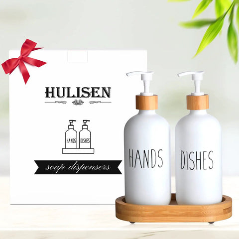 Wooden Dish Soap Dispenser Set With Thick One Inch Tray And Non Slip Base For Modern Boho Farmhouse Kitchen Countertop Decor White Finish