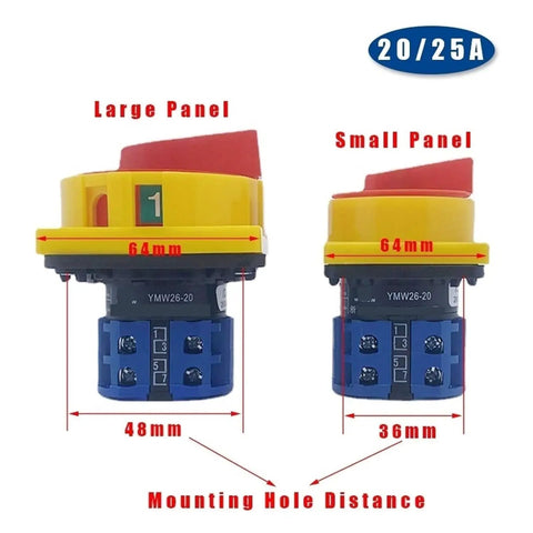 Two-Stage Rotary Cam Switch For DIN Rail Mount, 25A 48x48mm Padlockable Isolator with dimensions labeled