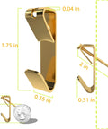 Heavy Duty Picture Hangers And Hooks That Hang Heavy Frames Without Any Drama No Sweat Setup With Included Metal Nails For Quick Wall Art Display and Mirror Mounting, gold hook with measurements.