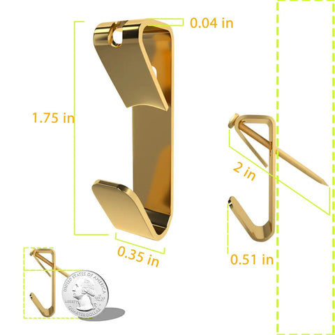 Heavy Duty Picture Hangers And Hooks That Hang Heavy Frames Without Any Drama No Sweat Setup With Included Metal Nails For Quick Wall Art Display and Mirror Mounting, gold hook with measurements.