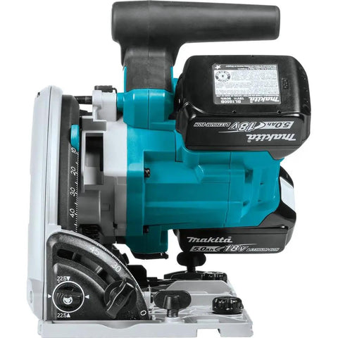 Side view of Dual 18V LXT Cordless Plunge Circular Saw Kit With Six And One Half Inch Blade, Brushless Motor, 5.0Ah Batteries