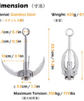 Dimensions of Grappling Hook With Folding Claws, Heavy Duty Stainless Steel Anchor with weight and material details.