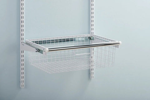 Sliding Basket For Closet Organization, White, Sturdy Pull Out Wire Drawer mounted on wall, 23.5W x 7.25H x 17.5D, for storage