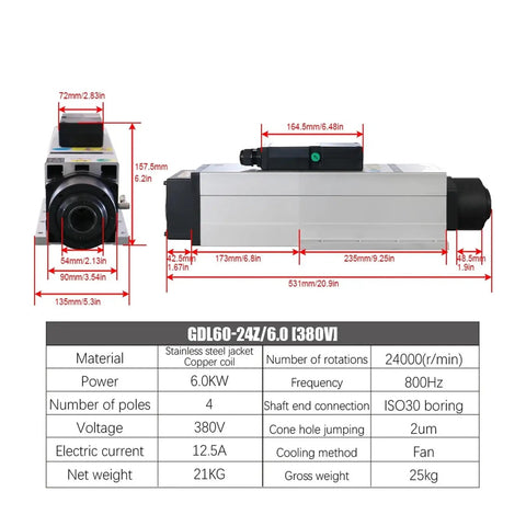 Beefy 6000W Cnc Spindle Motor Air Cooled Automatic Tool Change Atc High Speed 24000Rpm 800Hz 380V Milling Drive Unit side view with dimensions.