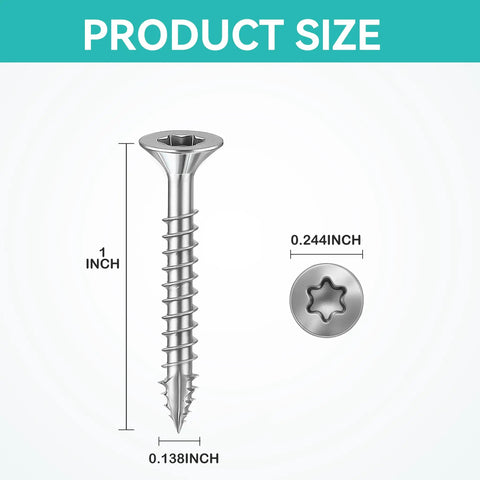 Hella Durable Wood Screws Six By One Inch Torx Star Drive Deck Fasteners showing size dimensions for precise installation.
