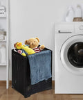 42L Collapsible Laundry Baskets Set Pack Of 2 Black Foldable Plastic Hamper beside washing machine with toys and towel