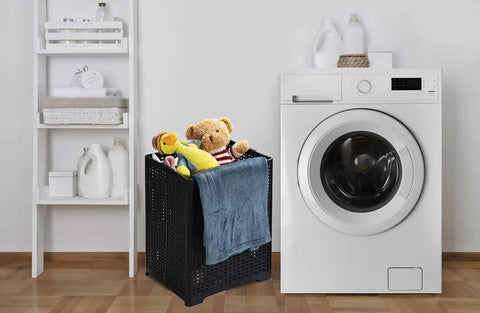 42L Collapsible Laundry Baskets Set Pack Of 2 Black Foldable Plastic Hamper beside washing machine with toys and towel