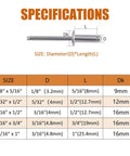 Specifications chart for 125 Piece Large Flange Aluminum Blind Rivet Set With Pop Rivets Assortment Kit, showing sizes and dimensions.