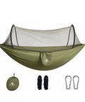 Camping Hammock With Mosquito Net 360 Degree Protection Ultrafine Mesh 770 Lbs Capacity With Tree Straps shown with ropes and carabiners
